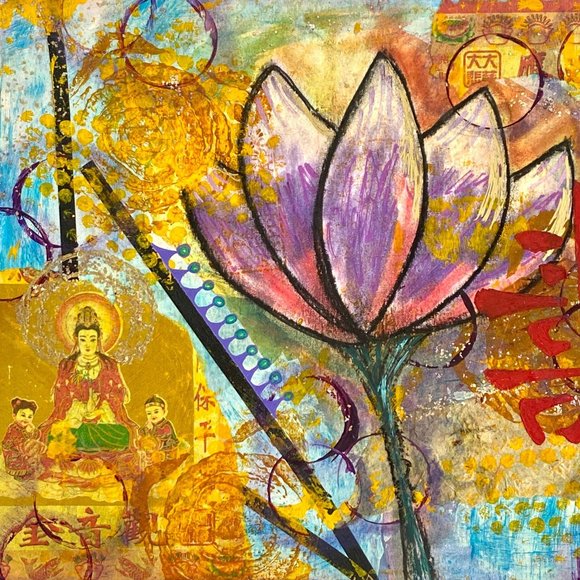 Longevity - Original Asian Fusion Wall Art Mixed Media Painting 9"x12" - Picture 2 of 8
